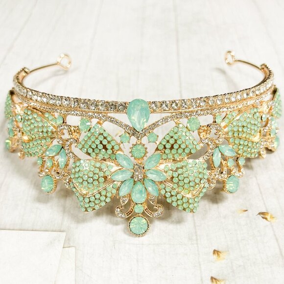 Lime Green Crown, Royal Princess Tiara, Gold Gemstone Crown, Quinceanera Tiara - Picture 6 of 10